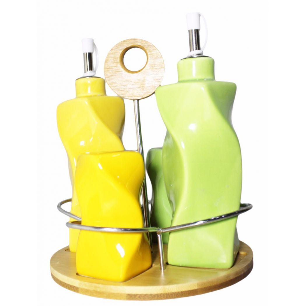 Set Of 4 Ceramic bottles with Wooden Base  Green - Yellow